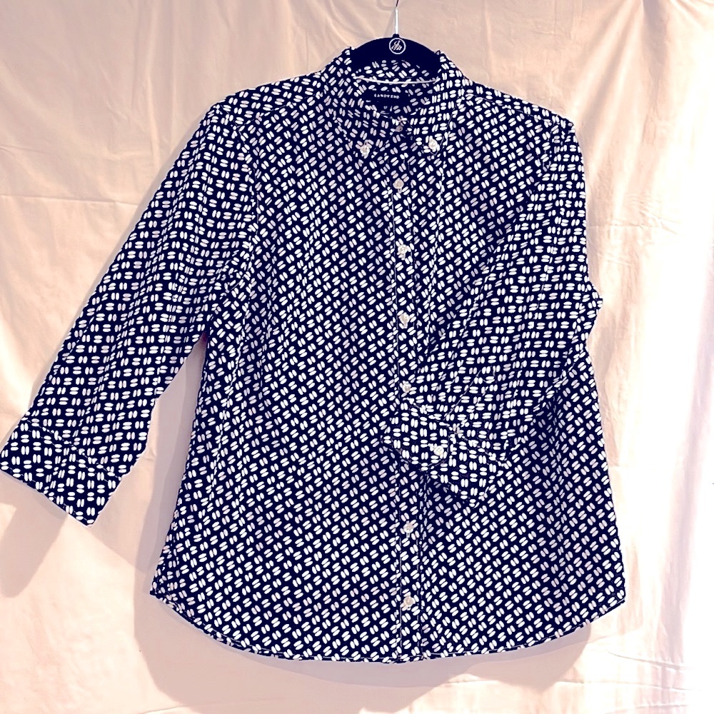 Lands End 3/4 sleeve dress shirt, black with white hash marks on body & sleeves